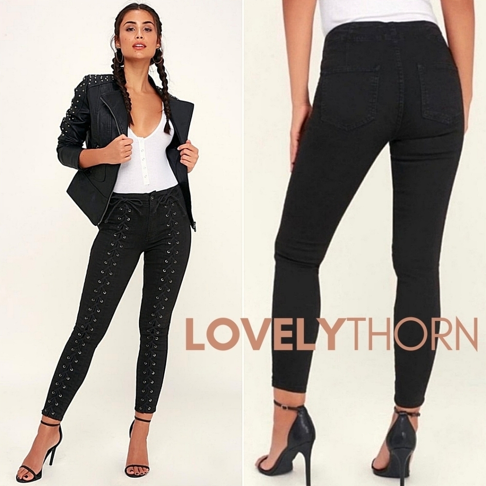 PISTOLA // ltd ed lynn washed black lace-up high rise skinny jeans